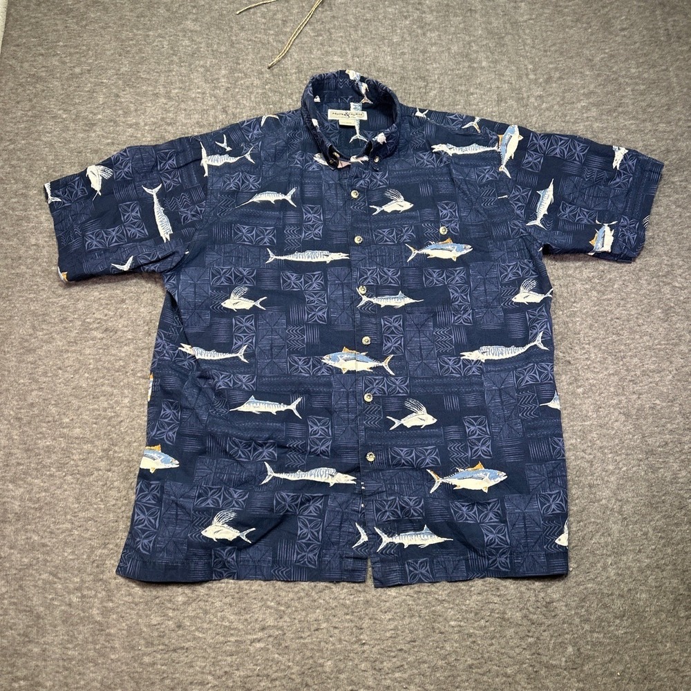 Hook And Tackle Mens Large‎ Shirt Blue Tropical Relaxed Vacation Beach